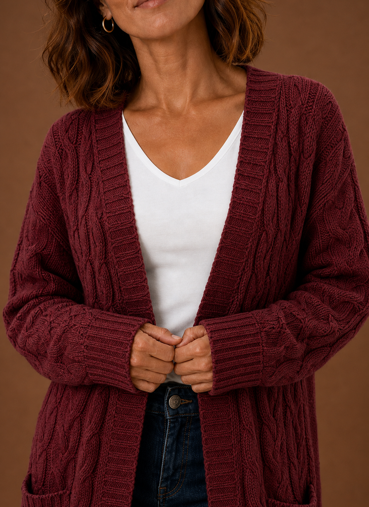 Cardigan long à capuche en tricot torsadé pour femmes