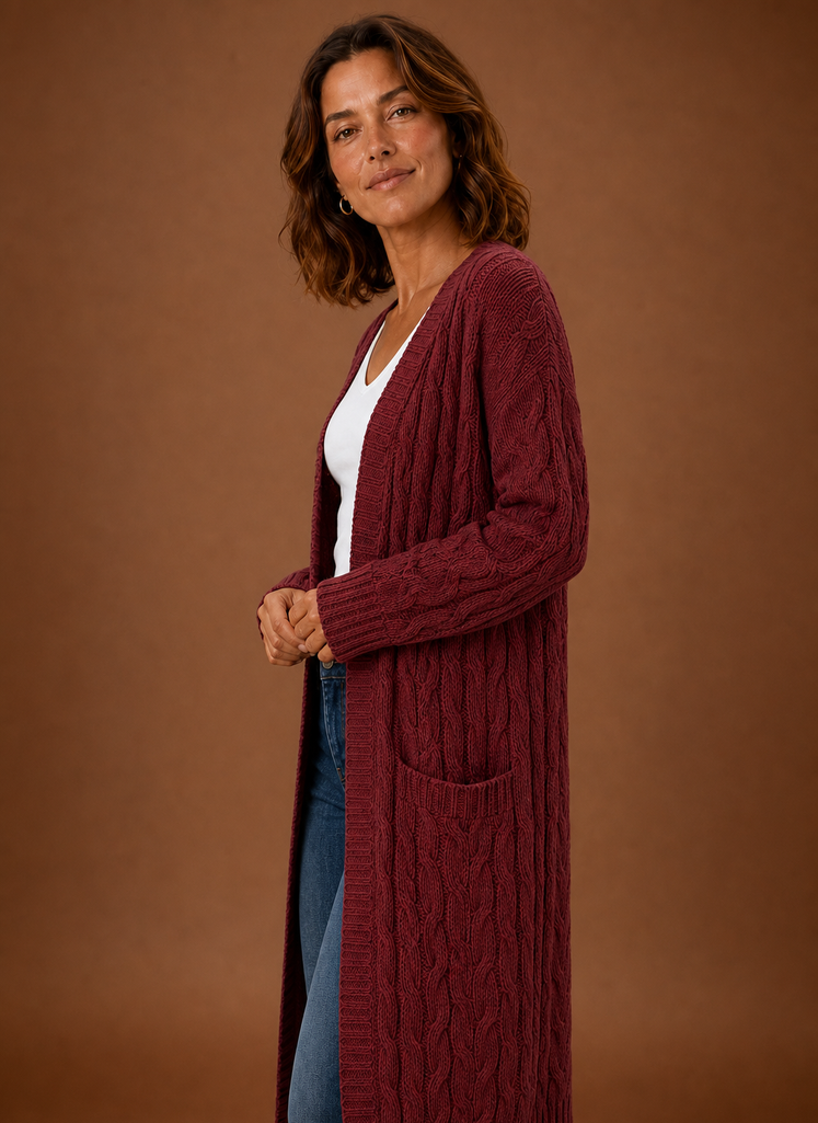 Cardigan long à capuche en tricot torsadé pour femmes
