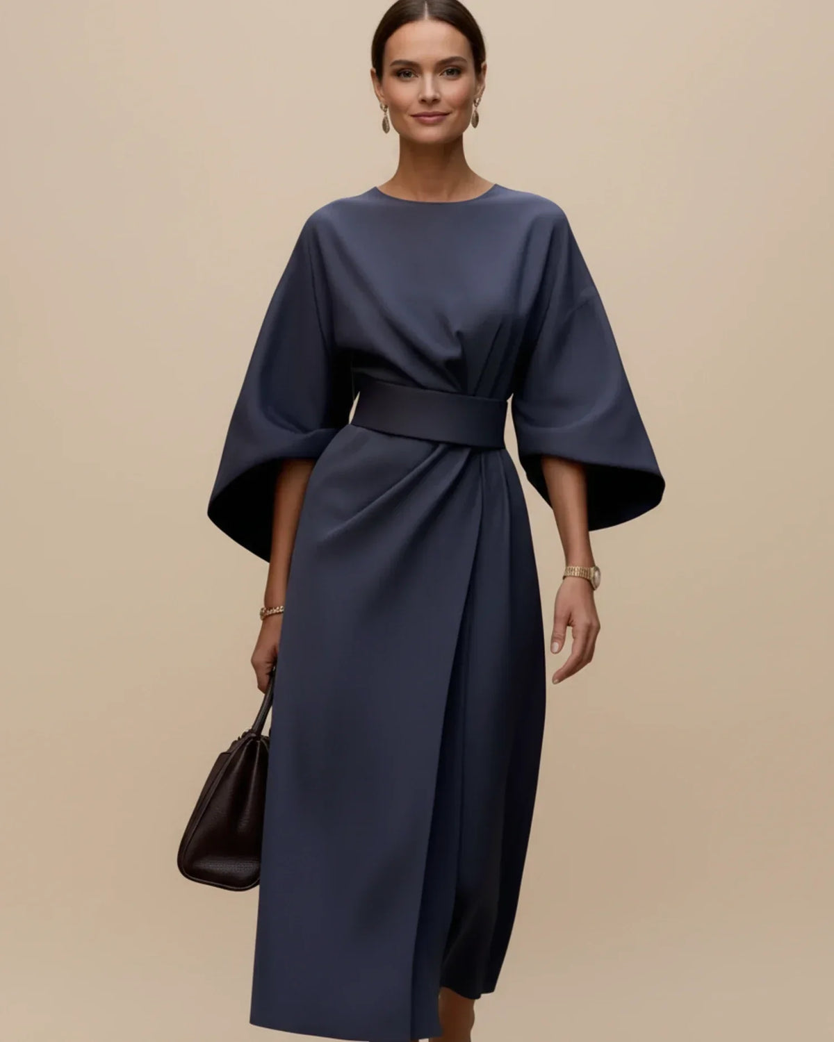 Robe Midi Chic avec Manches Bouffantes et Design Croisé