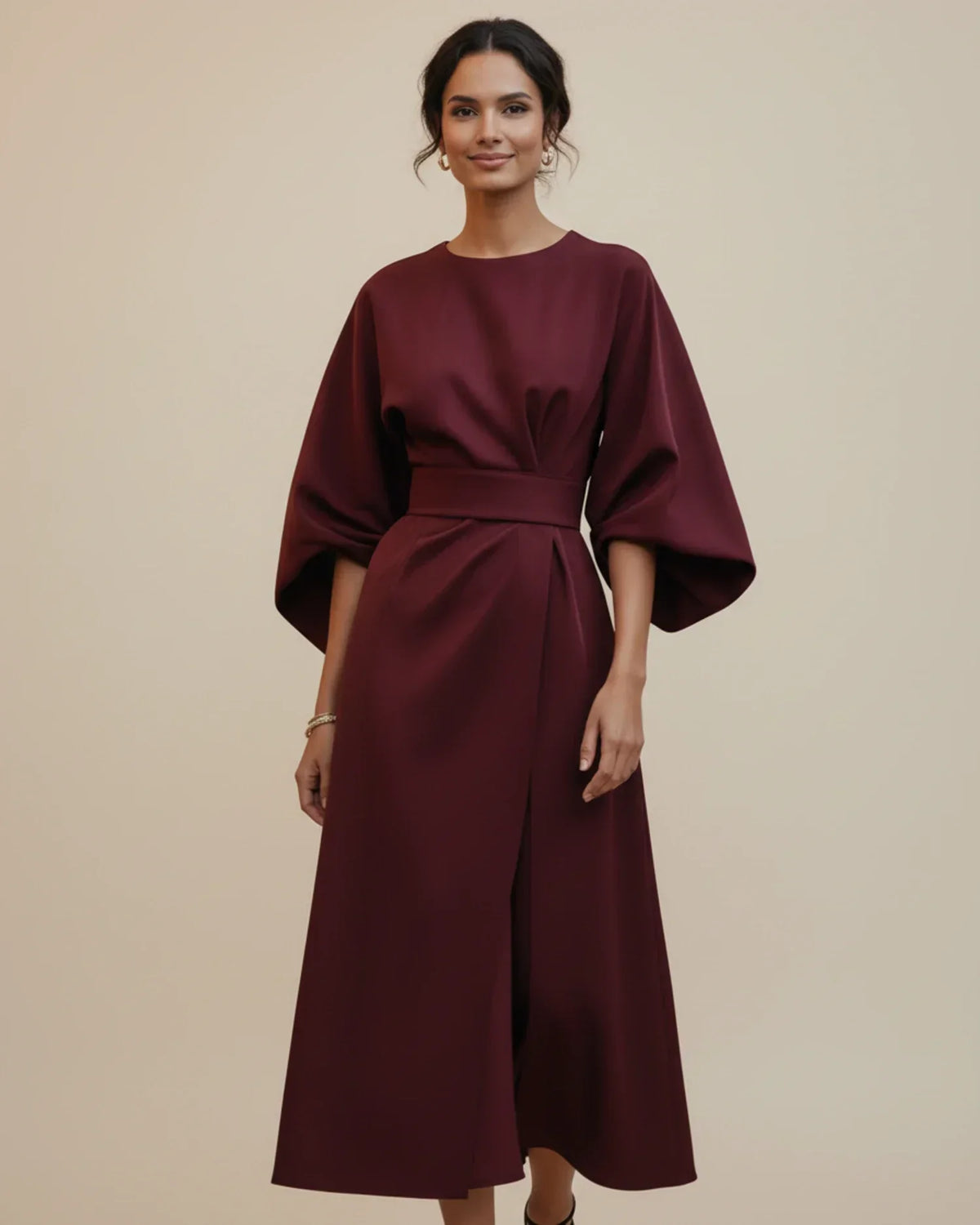 Robe Midi Chic avec Manches Bouffantes et Design Croisé
