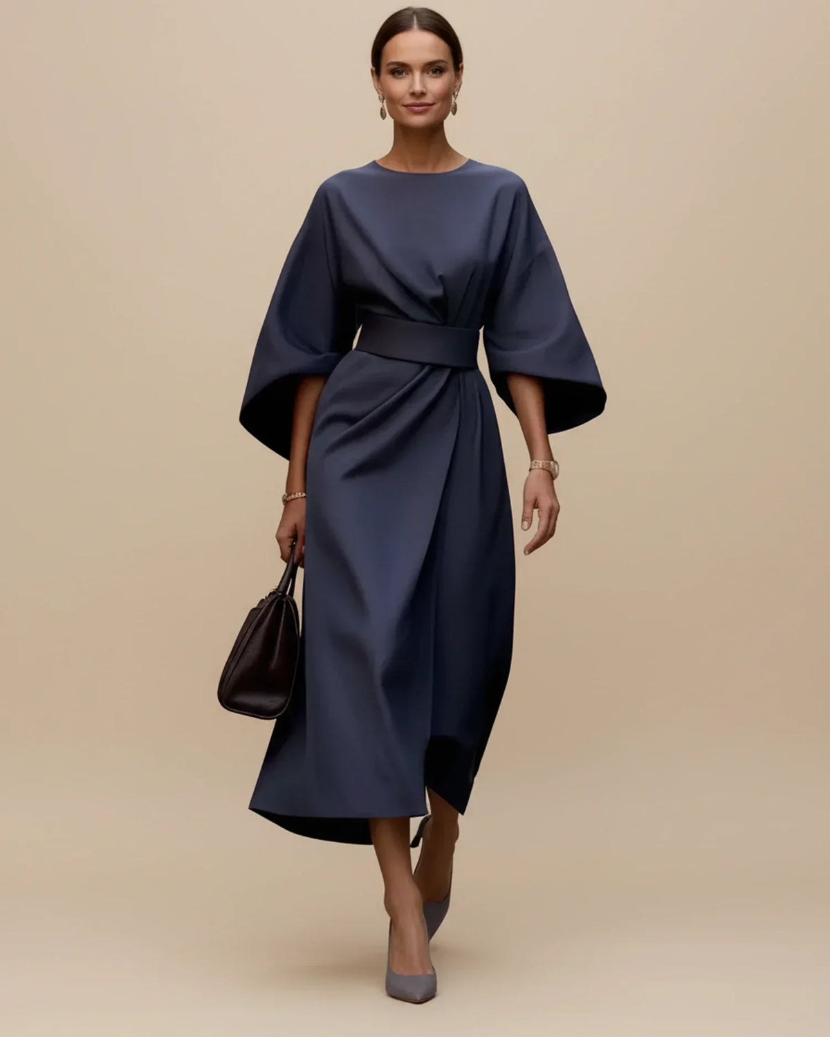 Robe Midi Chic avec Manches Bouffantes et Design Croisé
