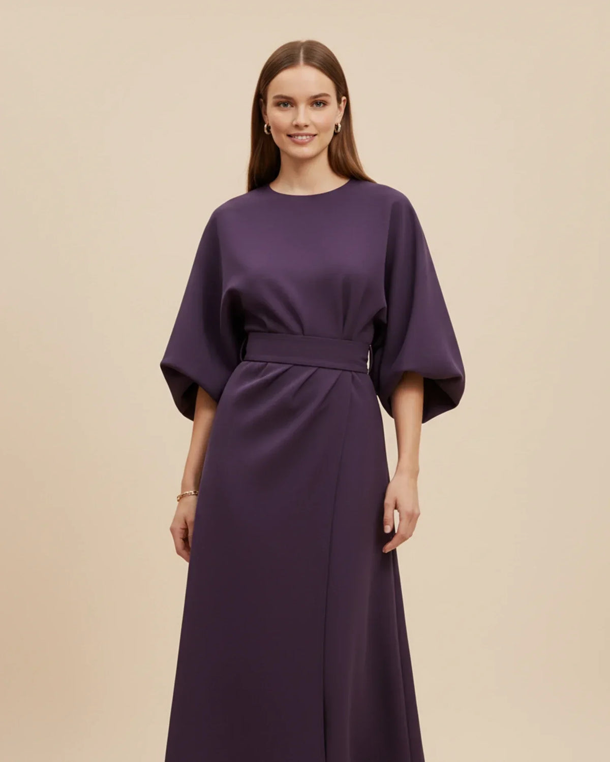 Robe Midi Chic avec Manches Bouffantes et Design Croisé
