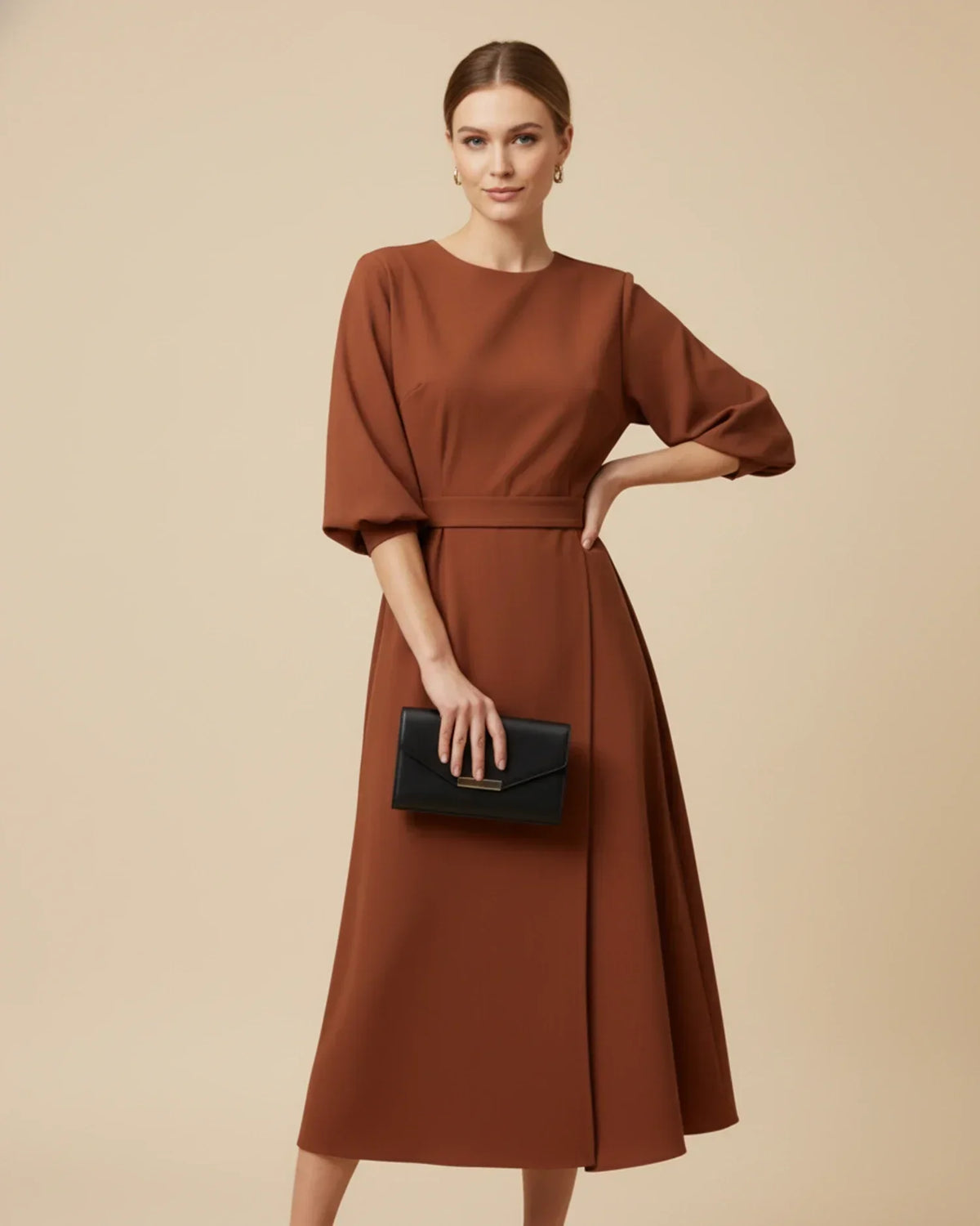 Robe Midi Chic avec Manches Bouffantes et Design Croisé