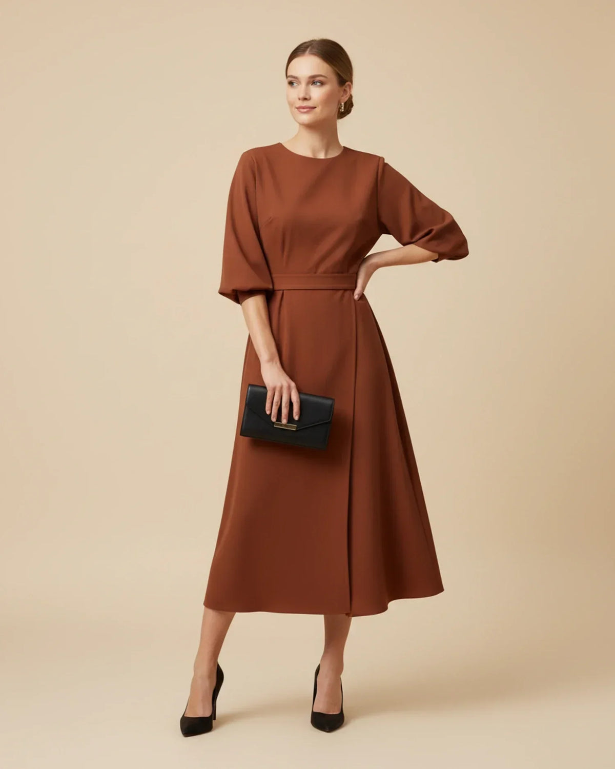 Robe Midi Chic avec Manches Bouffantes et Design Croisé