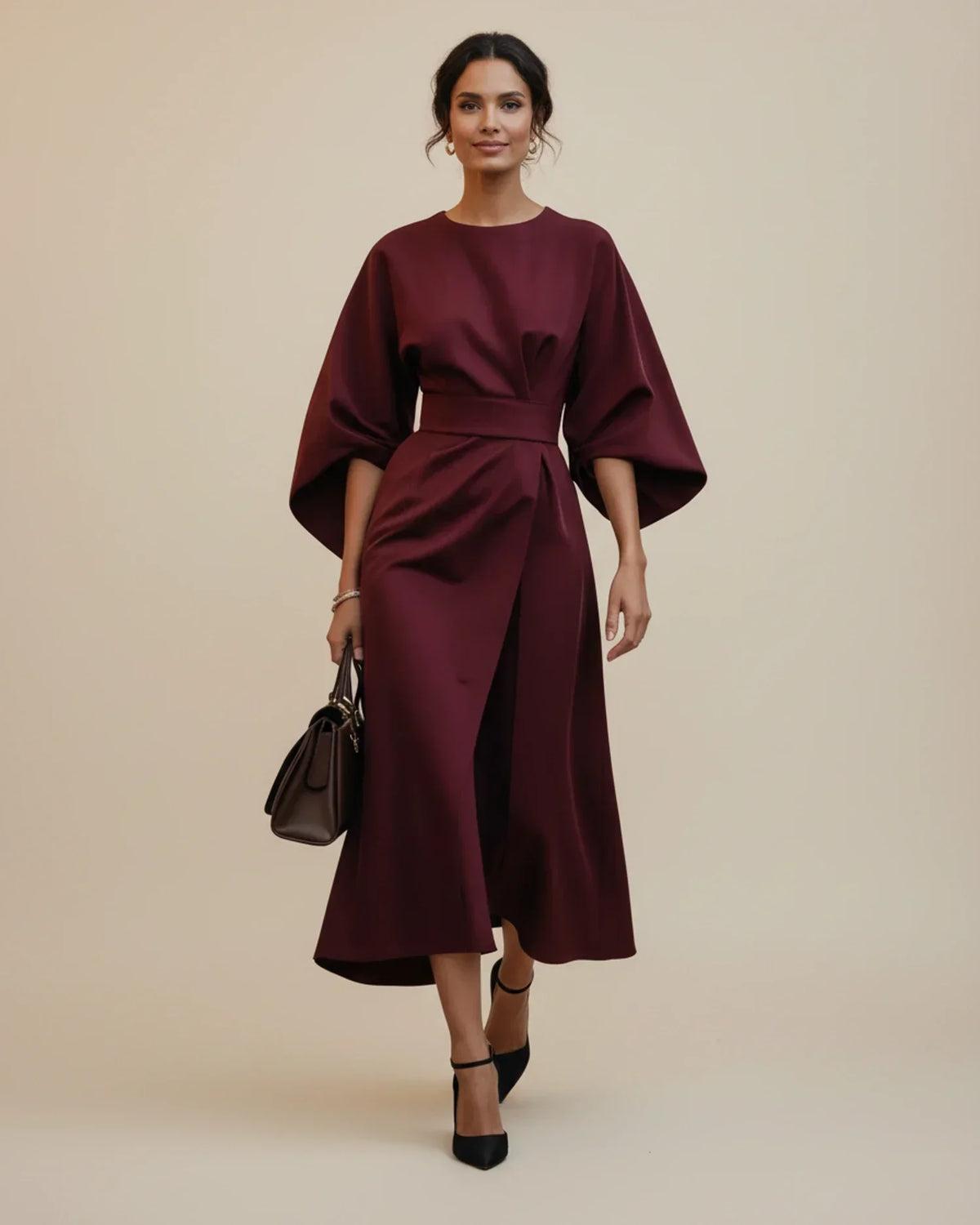 Robe Midi Chic avec Manches Bouffantes et Design Croisé