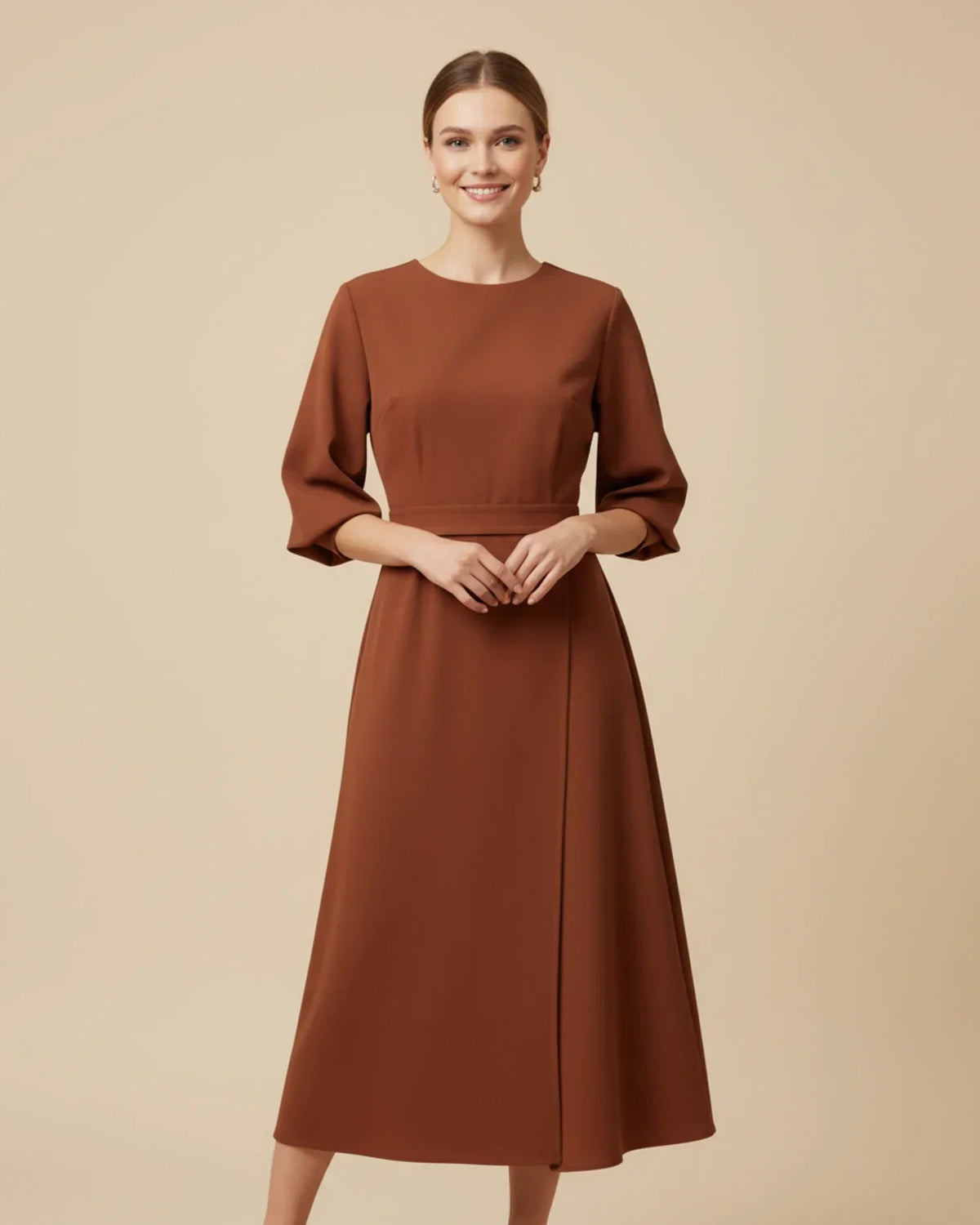 Robe Midi Chic avec Manches Bouffantes et Design Croisé