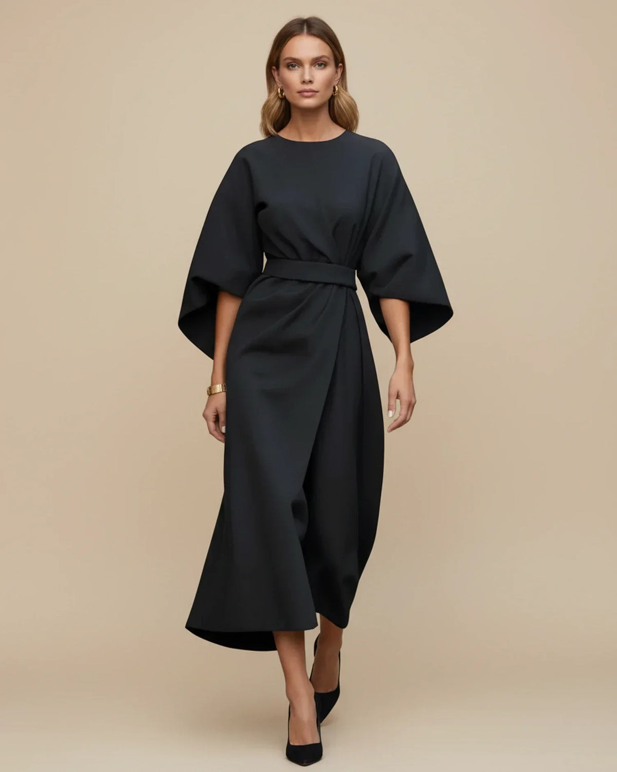 Robe Midi Chic avec Manches Bouffantes et Design Croisé