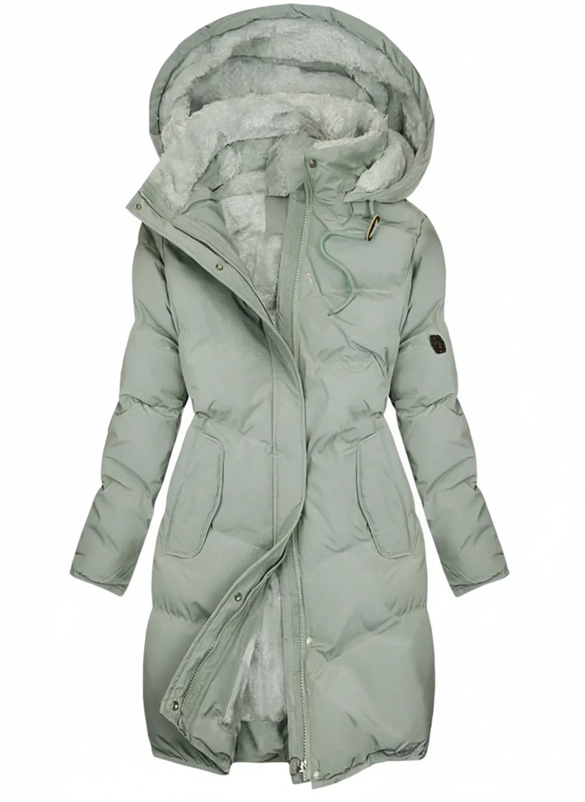 Manteau long en duvet à capuche pour femmes avec taille ajustable à cordon