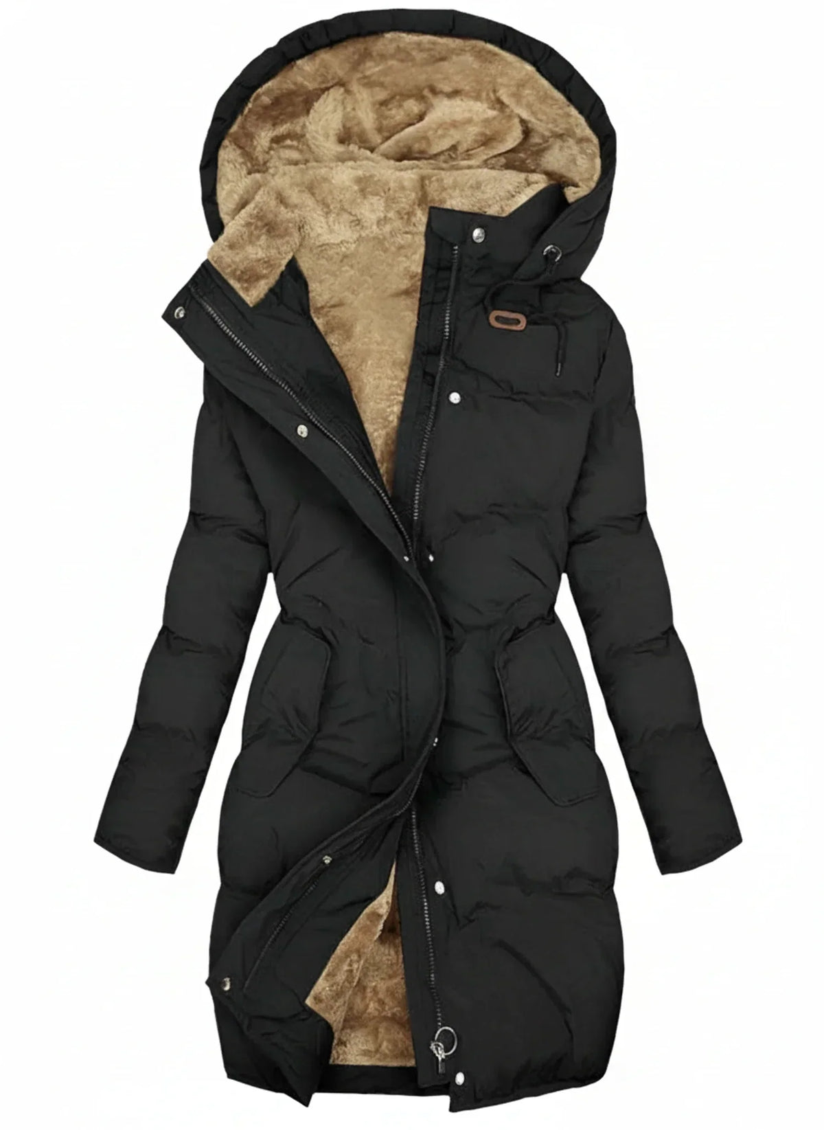 Manteau long en duvet à capuche pour femmes avec taille ajustable à cordon