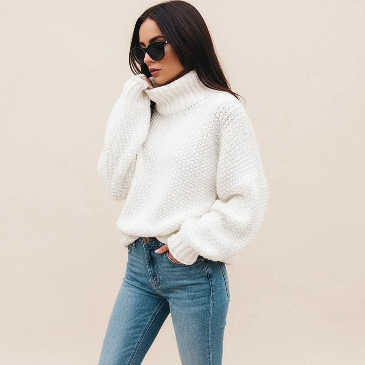 Pull Turtleneck Oversize Confortable pour Femmes — Design Tricoté Épais