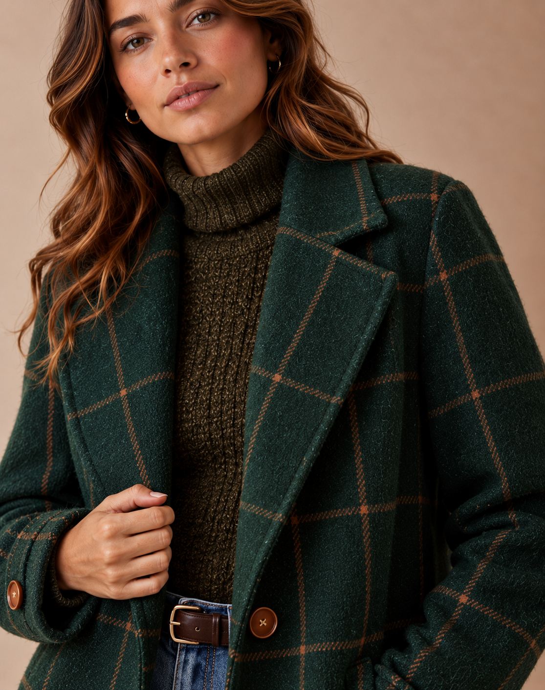 Manteau en Tweed à Carreaux en Laine Mélangée Rétro pour Femmes avec Col à Revers