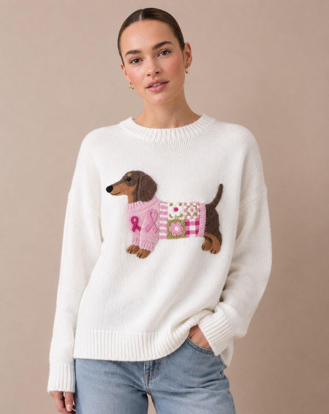 Pull en tricot patchwork pour femmes avec motif de teckel