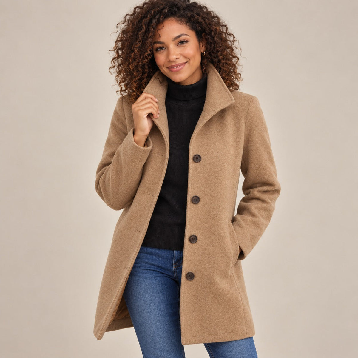 Manteau Peacoat à Manches Longues pour Femmes en Mélange de Laine