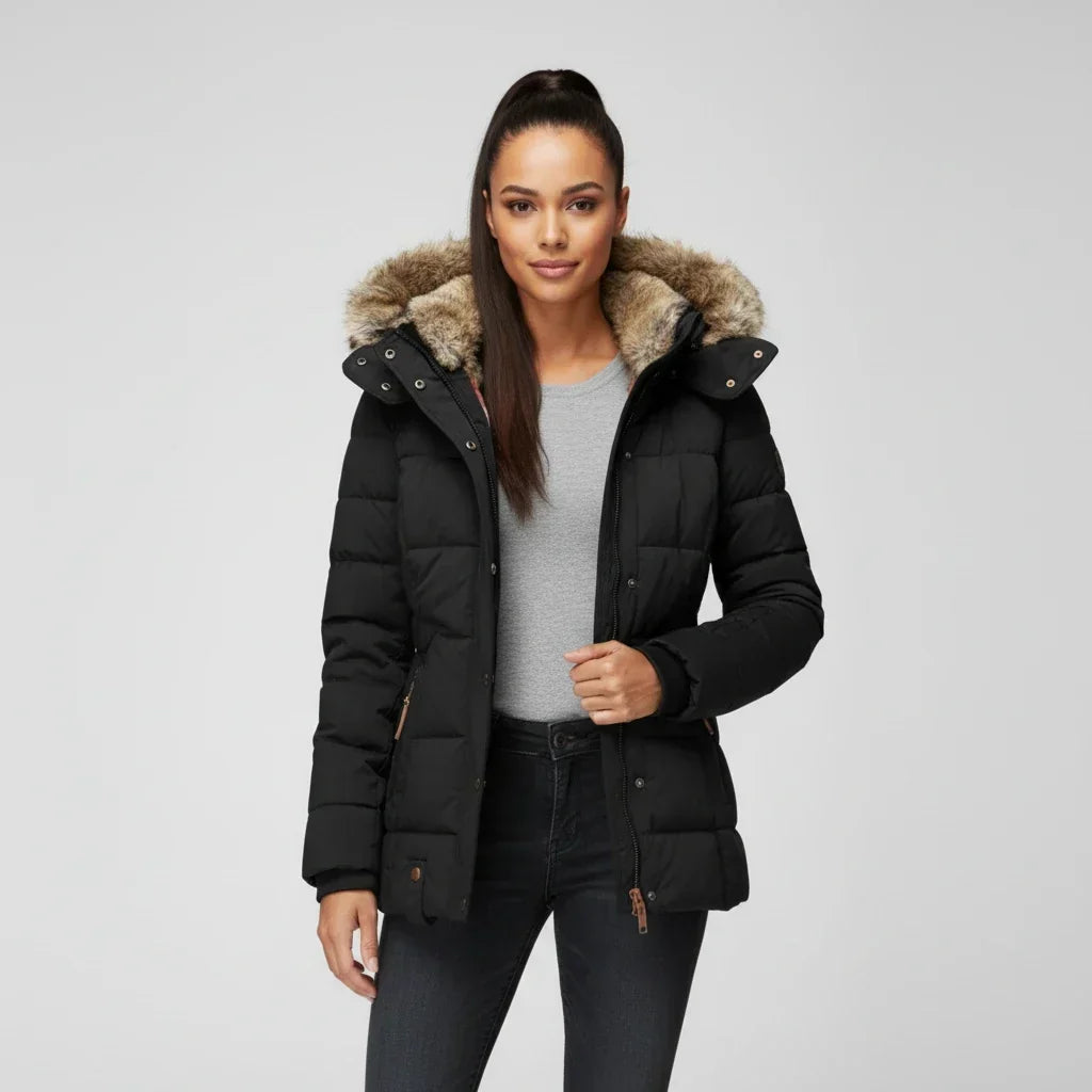 Veste matelassée à capuche pour femmes avec bordure en fausse fourrure